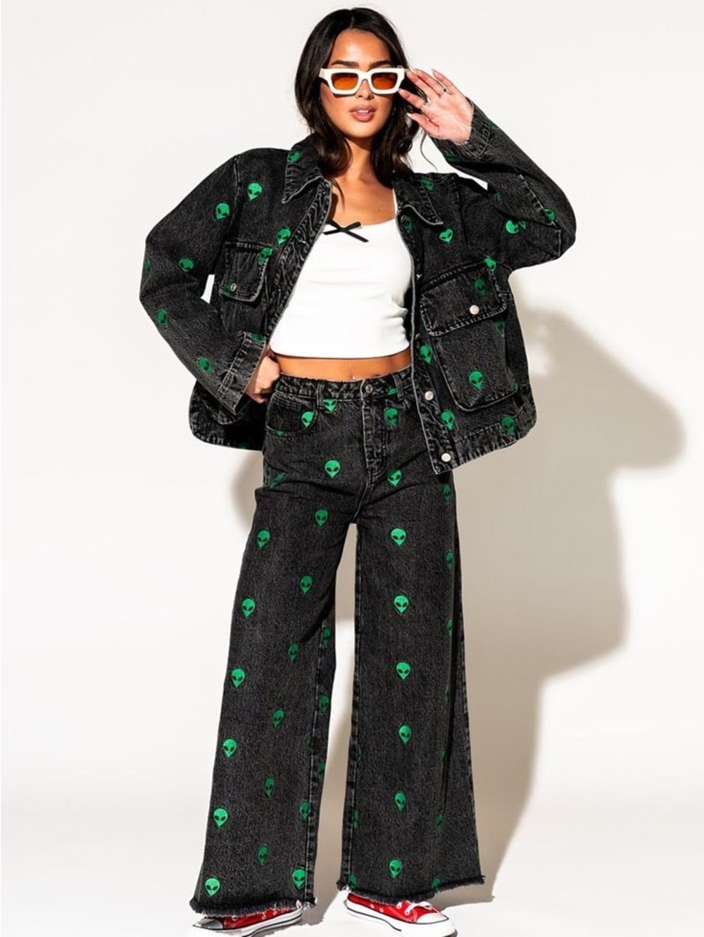 Dressed in LALA Black Wide-Leg Jeans with Green Alien Motif